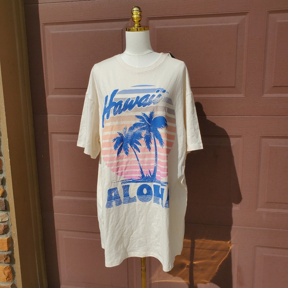 NWT Grayson Threads Aloha Hawaii Off-White T-Shirt Dress Women's Size L/XL
